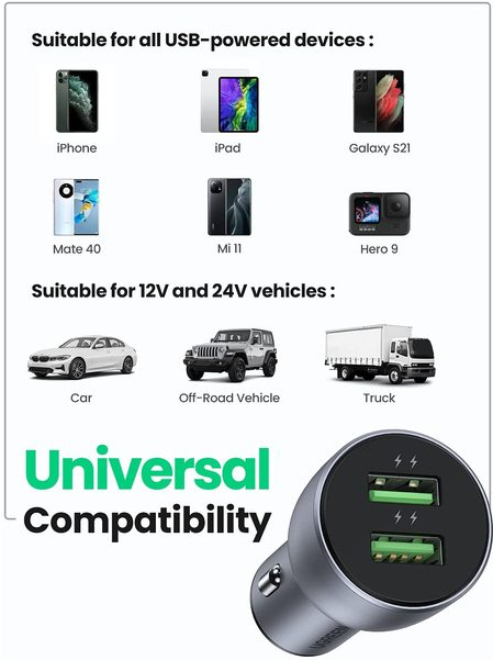 Автомобильное зарядное Ugreen CD213-10144 Gray (10144)