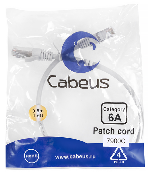 Патч-корды Cabeus PC-SSTP-RJ45-Cat.6a-0.5m-LSZH серый