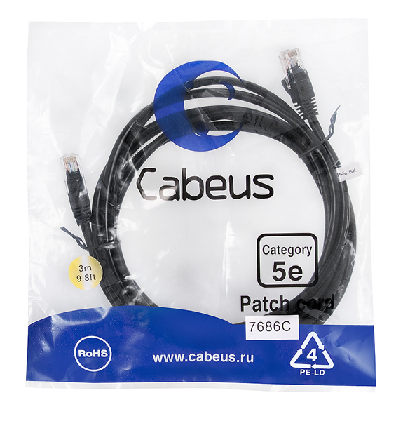 Патч-корд Cabeus PC-UTP-RJ45-Cat.5e-3m-BK черный