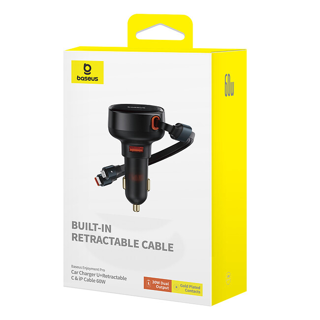 Автомобильное зарядное Baseus Enjoyment Pro U+Retractable C 60W Cluster Black (C00057802111-02)