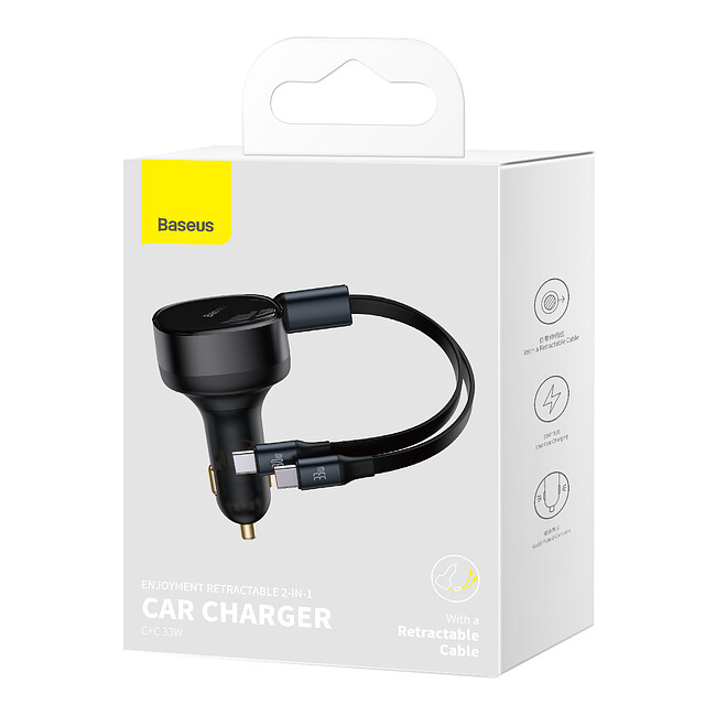Автомобильное зарядное Baseus Enjoyment Retractable 2-in-1+C 33W Black (C00035500111-00)