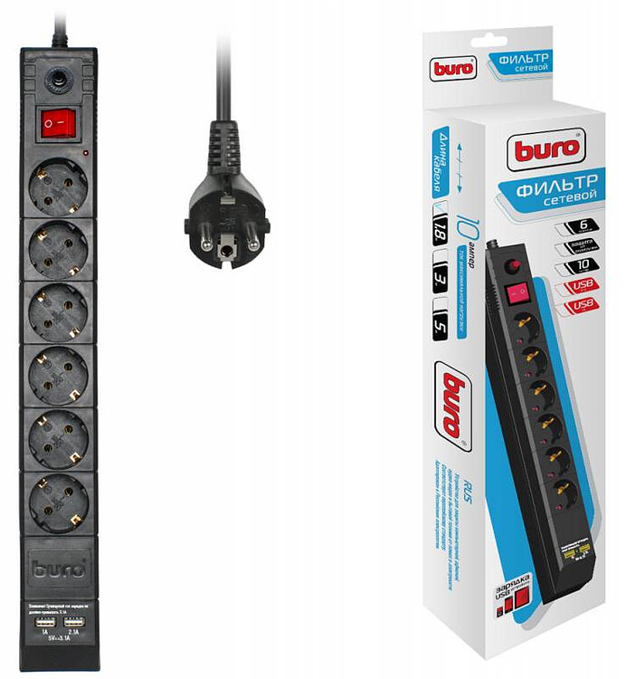 Сетевой фильтр Buro BU-SP1.8-USB-2A-B
