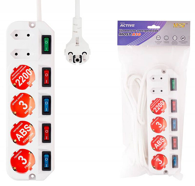 Сетевой фильтр Most A10 1.6м 6 розеток пакет ПЭ белый