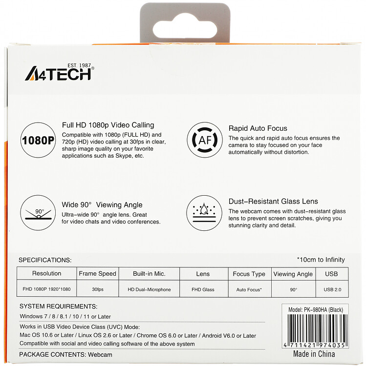 Веб-камера A4Tech PK-980HA черный