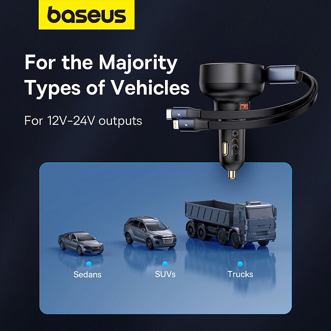Автомобильное зарядное Baseus Enjoyment Pro U+Retractable C 60W Cluster Black (C00057802111-02)