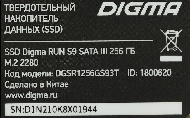 SSD диск Digma Run S9 256Gb (DGSR1256GS93T)