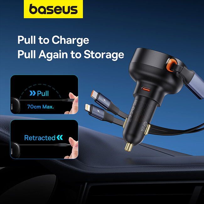 Автомобильное зарядное Baseus Enjoyment Pro C+Retractable C Cable 60W Cluster Black (C00057802111-00)