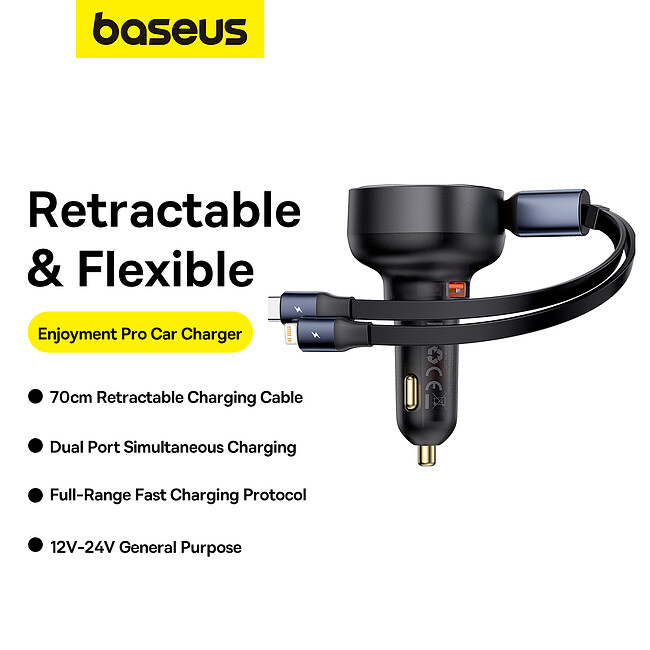 Автомобильное зарядное Baseus Enjoyment Pro U+Retractable C 60W Cluster Black (C00057802111-02)