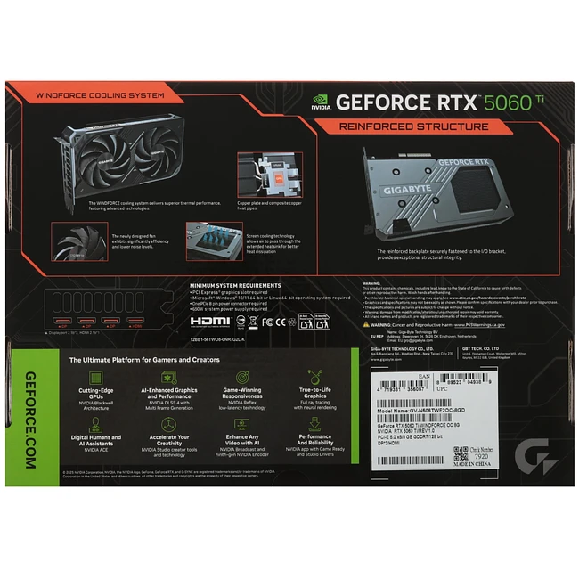 Видеокарта GigaByte GeForce RTX 5060 Ti Windforce OC 8G GDDR7 (GV-N506TWF2OC-8GD)