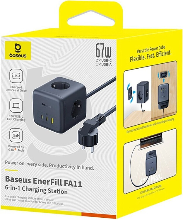 Удлинитель Baseus 00082100123-00 EnerFill FA11 Cube Power Strip 3AC+1U+1C 67W 1.5m EU Cosmic Black (EFMF67-EU)