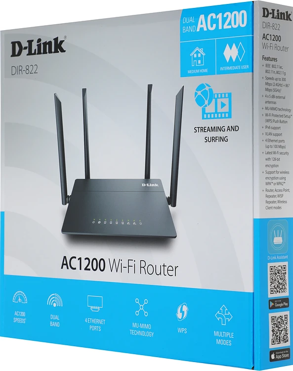 Маршрутизатор D-Link DIR-822/RU/R4A (AC1200, 4xGLAN, USB 2.0, MU-MIMO)