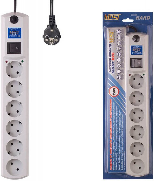 Сетевой фильтр Most HV6 2м 6 розеток белый Сетевой фильтр Most HV6 2м 6 розеток белый