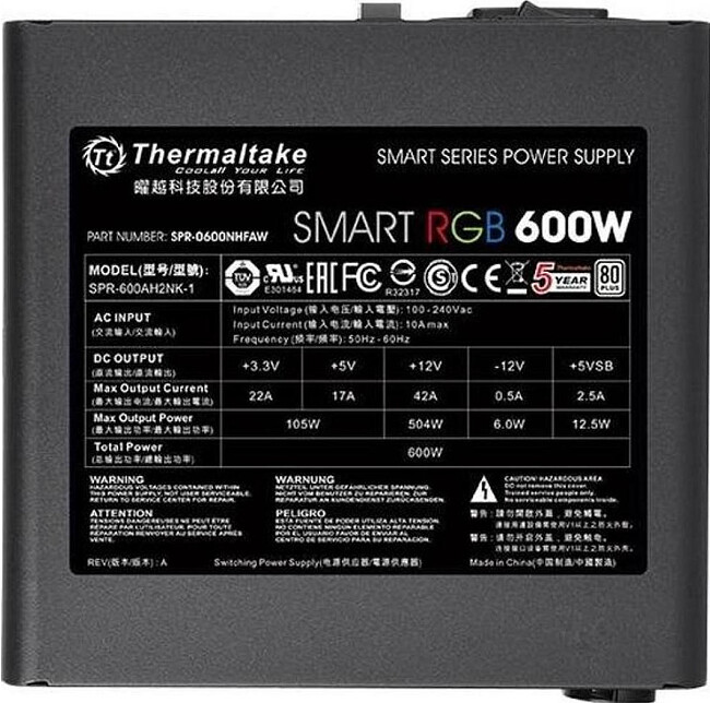 Блок питания Thermaltake ATX Smart RGB 600 80+ 600W (PS-SPR-0600NHSAWE-1)
