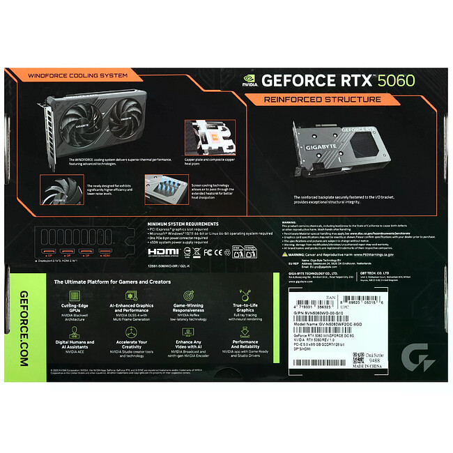 Видеокарта GigaByte GeForce RTX 5060 Windforce OC 8G GDDR7 (GV-N5060WF2OC-8GD)