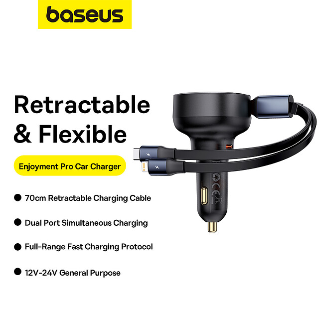 Автомобильное зарядное Baseus Enjoyment Pro C+Retractable C Cable 60W Cluster Black (C00057802111-00)