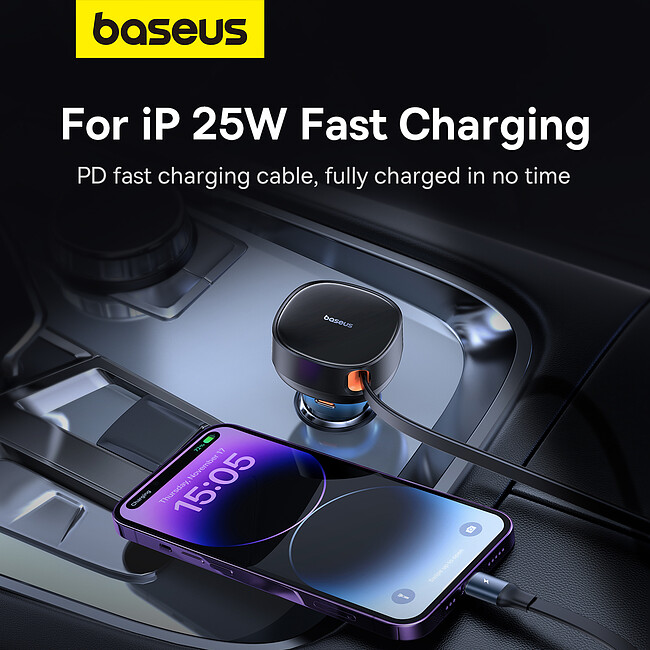 Автомобильное зарядное Baseus Enjoyment Pro C+Retractable C Cable 60W Cluster Black (C00057802111-00)