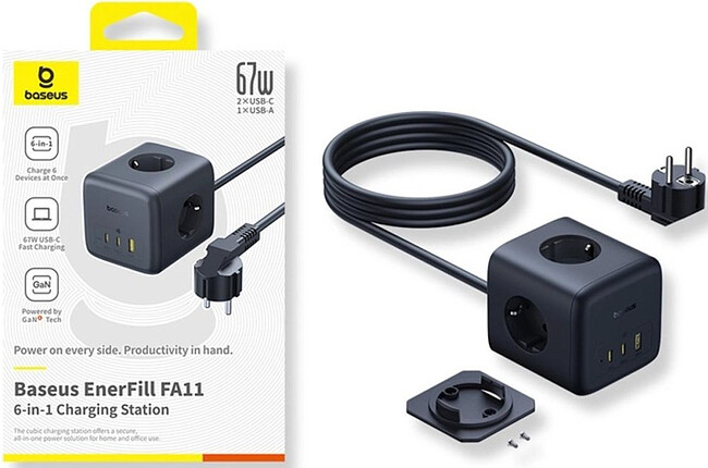 Удлинитель Baseus 00082100123-00 EnerFill FA11 Cube Power Strip 3AC+1U+1C 67W 1.5m EU Cosmic Black (EFMF67-EU)