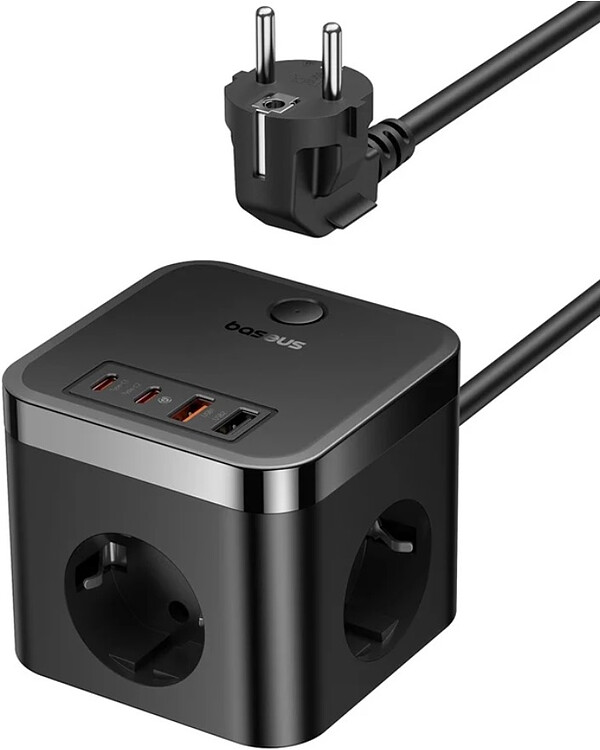 Удлинитель Baseus E00066400117-00 PowerCombo Cube Power Strip 3AC+2U+2C 30W 1.5m EU Cluster Black (BPS30-3E)