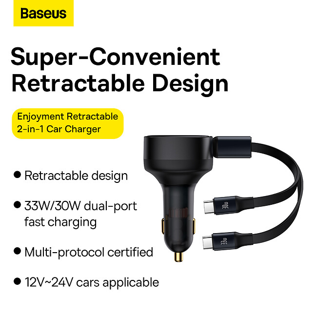 Автомобильное зарядное Baseus Enjoyment Retractable 2-in-1+C 33W Black (C00035500111-00)