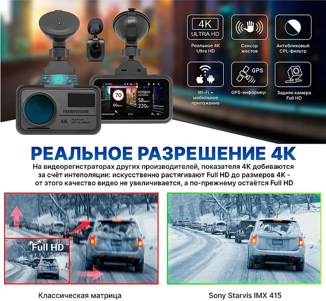Автомобильный видеорегистратор TrendVision TDR-725 Real 4K 2CH черный