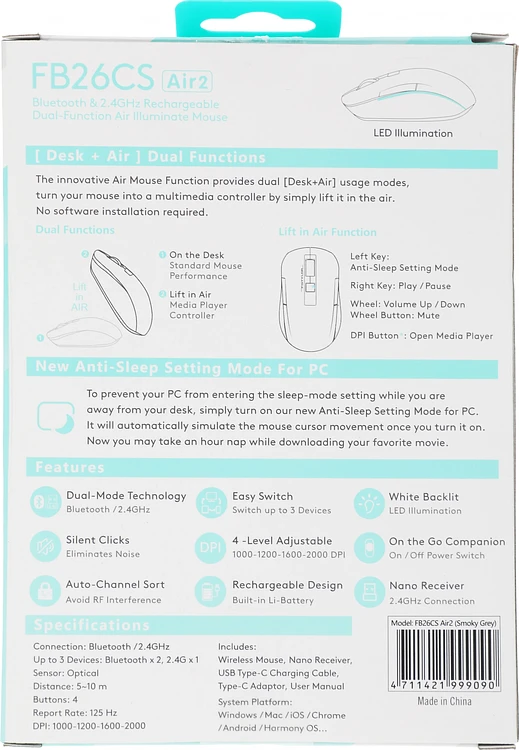 Мышь A4Tech Fstyler FB26CS Air 2 Smoky Grey