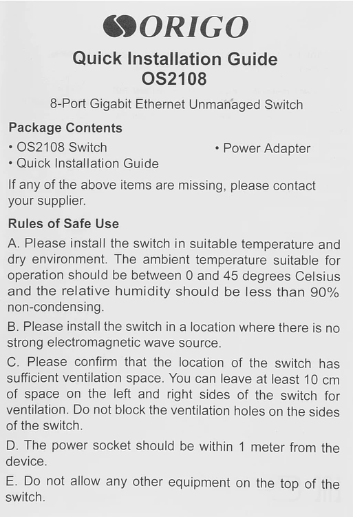 Коммутатор Origo OS2108/A1A